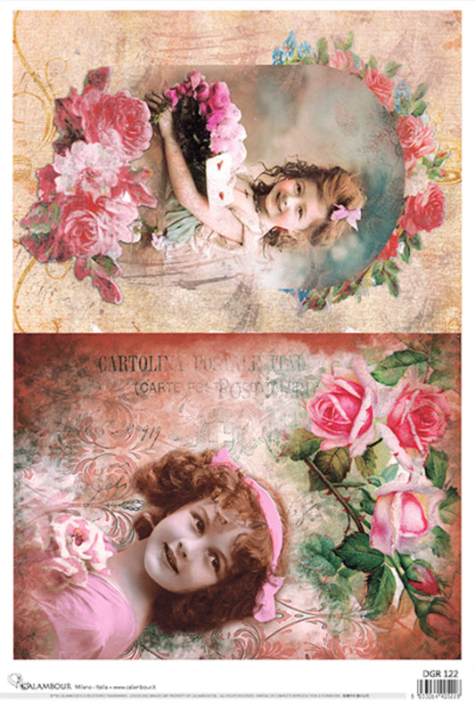 Calambour Victorian Collection, Shabby Chic, Vintage Girl, Child Portraits, Roses DGR 122, Rice Paper Decoupage 32 x 45 cm 17.5 x 12.5 in