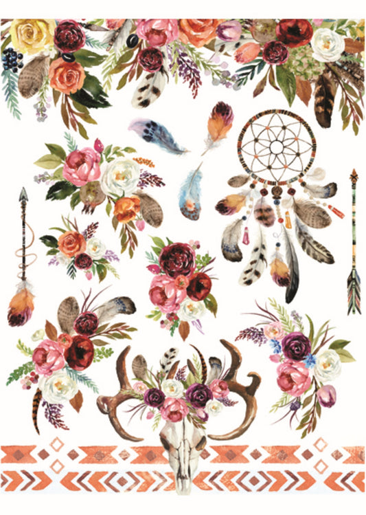 Calambour Italian Design Bohemian Collection, Feathers, Flowers, Dreamcatcher, TT22 Mulberry Rice Paper Decoupage 23 x 32 cm 9 x 12.5 in A4