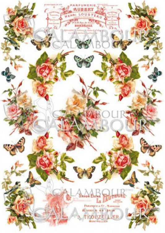 Calambour Italian Design Parisienne Collection, Pink Roses, Butterflies, TT003 Mulberry Rice Paper Decoupage 23 x 32 cm 9 x 12.5 in A4