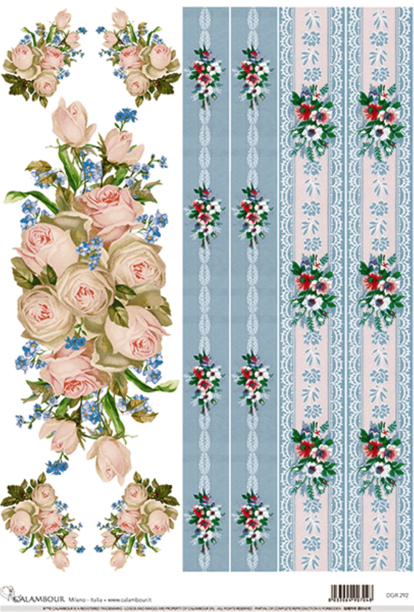 Calambour Italian Design, Couture Collection, Shabby Chic, Pink Roses, Blue Lace, DGR-292 Rice Paper Decoupage 32 x 45 cm 12.5 x 17 in