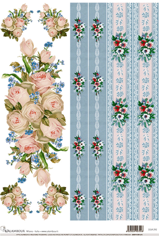 Calambour Italian Design, Couture Collection, Shabby Chic, Pink Roses, Blue Lace, DGR-292 Rice Paper Decoupage 32 x 45 cm 12.5 x 17 in