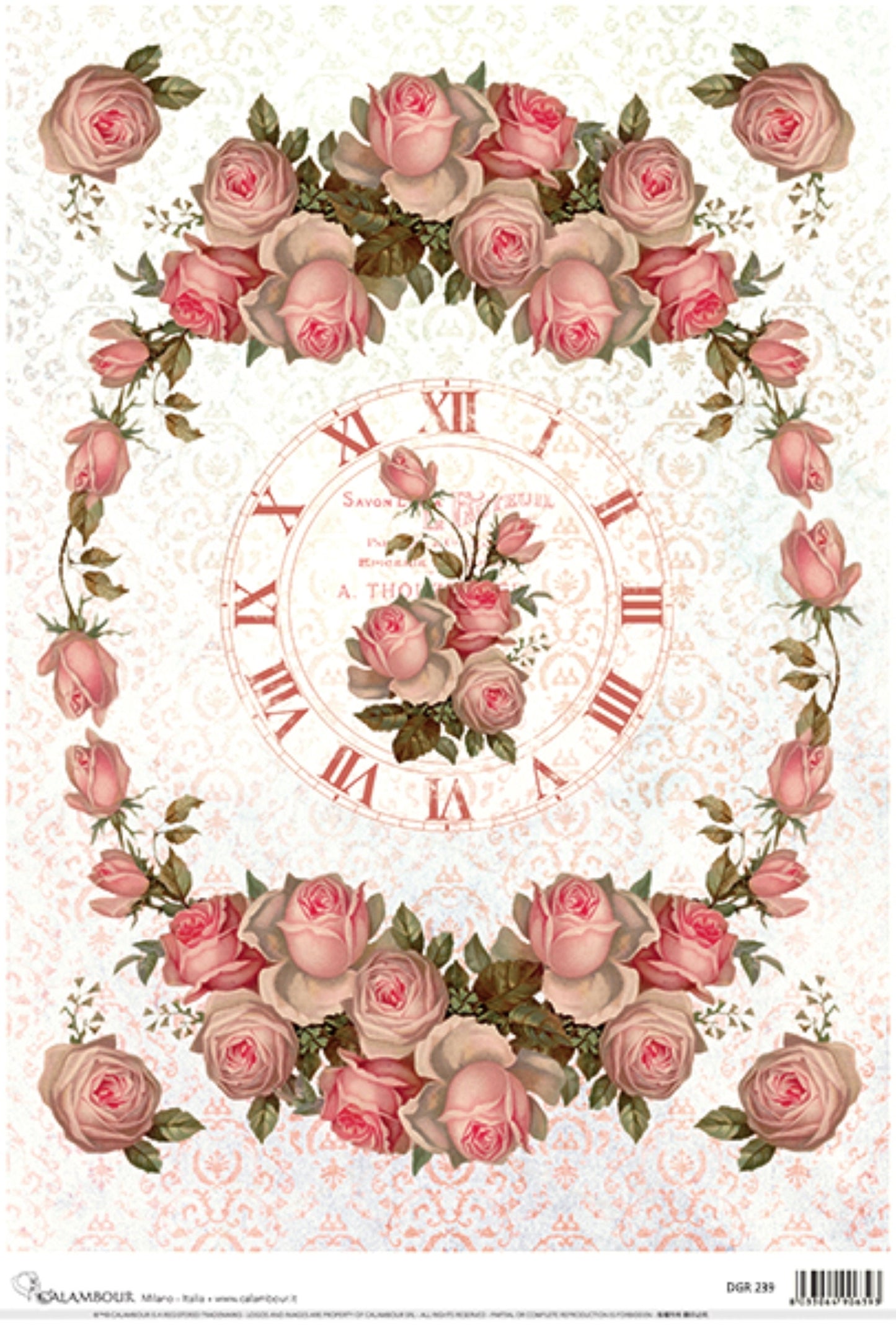 Calambour Design, Victorian Collection, Shabby Chic, Pink Roses, Garland, Clock, DGR-239, Rice Paper Decoupage 32 x 45 cm 12.5 x 17 in