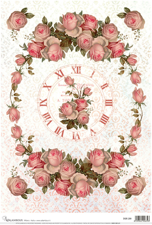Calambour Design, Victorian Collection, Shabby Chic, Pink Roses, Garland, Clock, DGR-239, Rice Paper Decoupage 32 x 45 cm 12.5 x 17 in