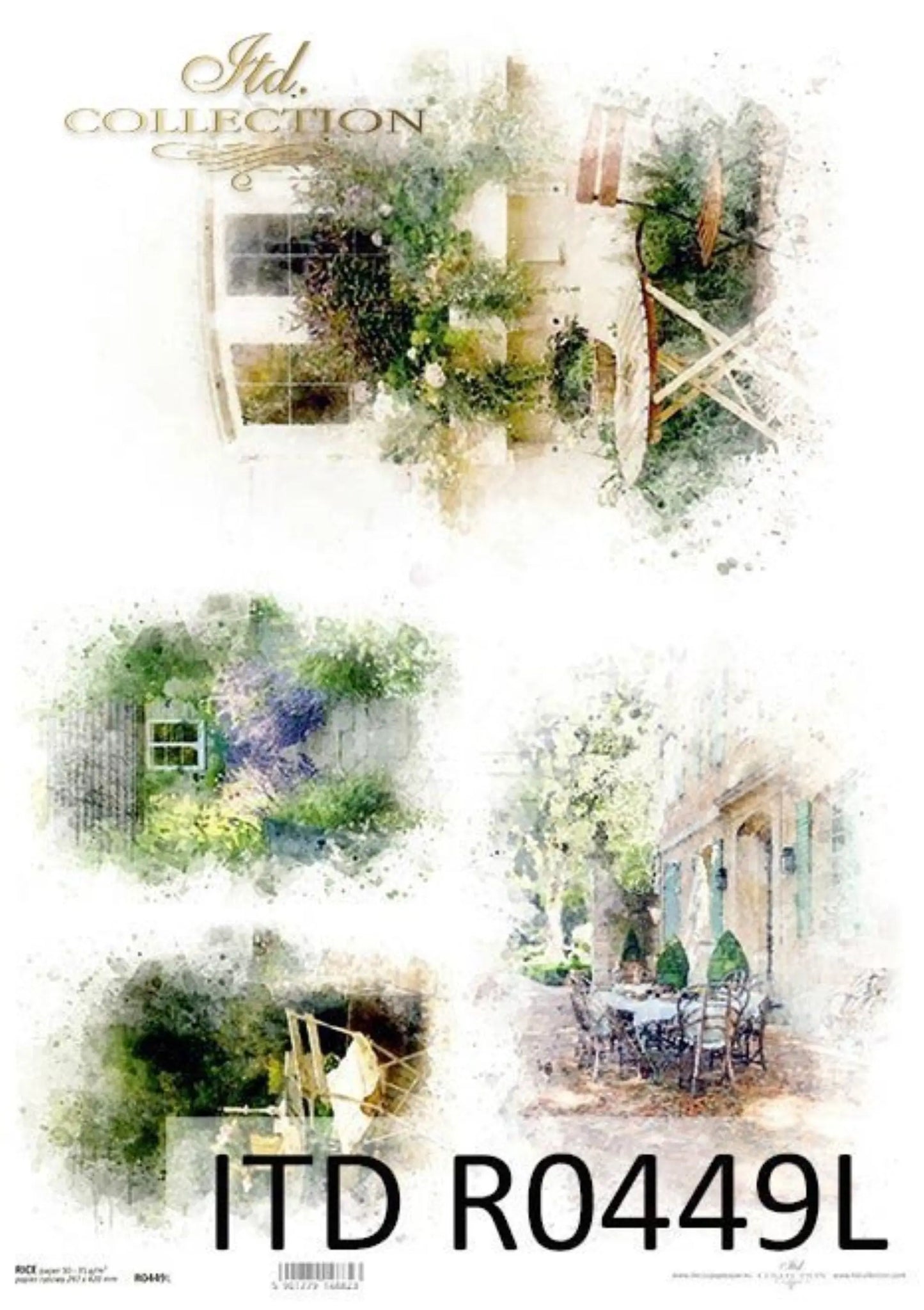 ITD Collection Rice Paper for Decoupage R0449L, Size A3 - 31.75 x 44.5 cm, 12 x 16.5 inch, Cafes, houses, romantic floral decorations ITD Collection