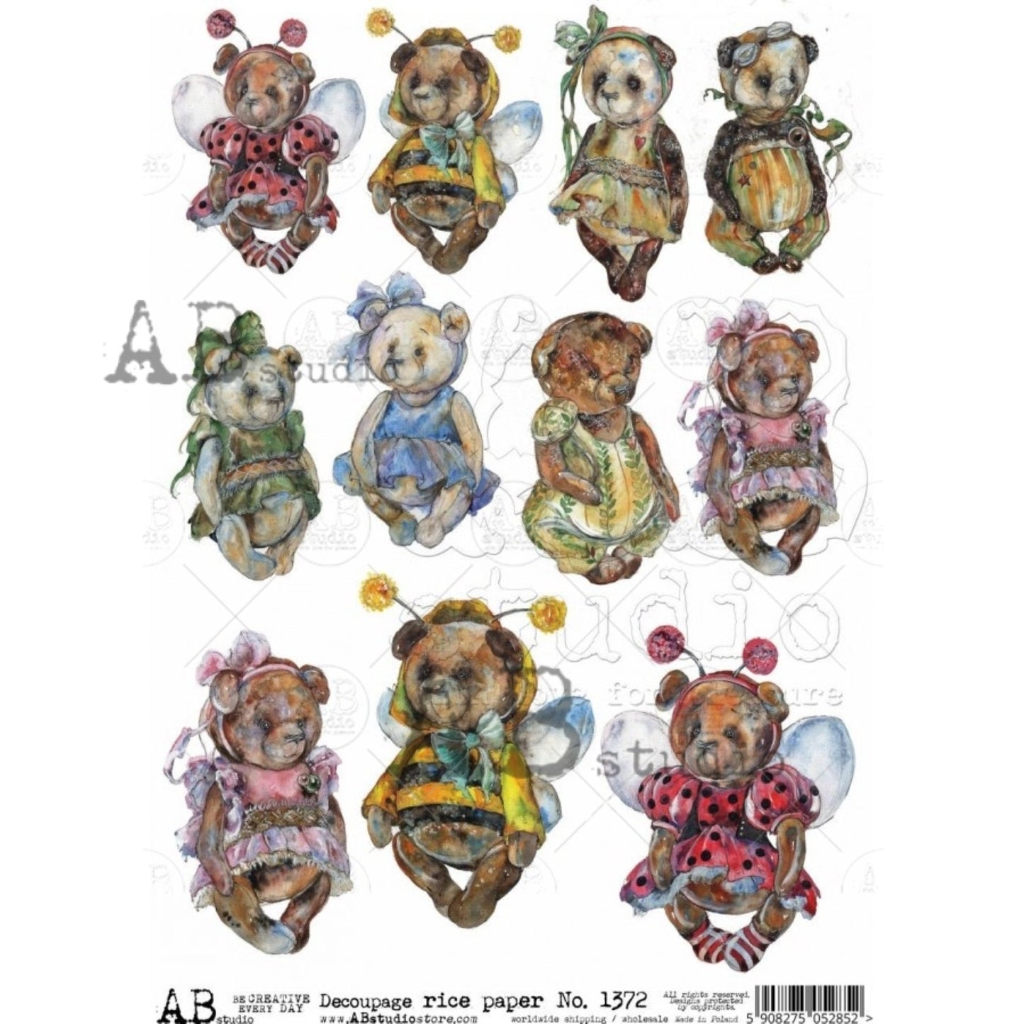 AB Studio Teddy Bears in Costumes, 1372 Size: A4 - 8.27 X 11.69 inches Rice Paper for Decoupage Imported from Poland