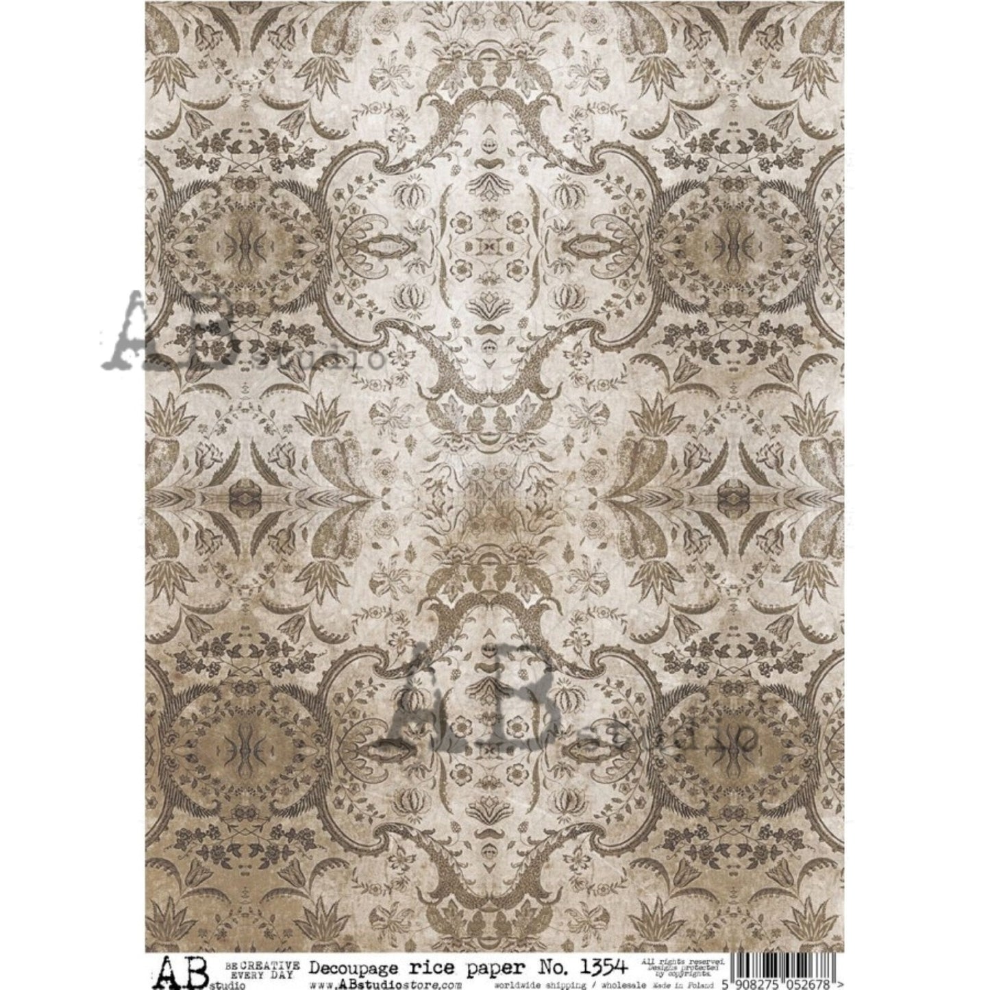 AB Studio Wallpaper Damask, Beige, Brown, Neutral, 1354 Size: A4 - 8.27 X 11.69 inches Rice Paper for Decoupage Imported from Poland