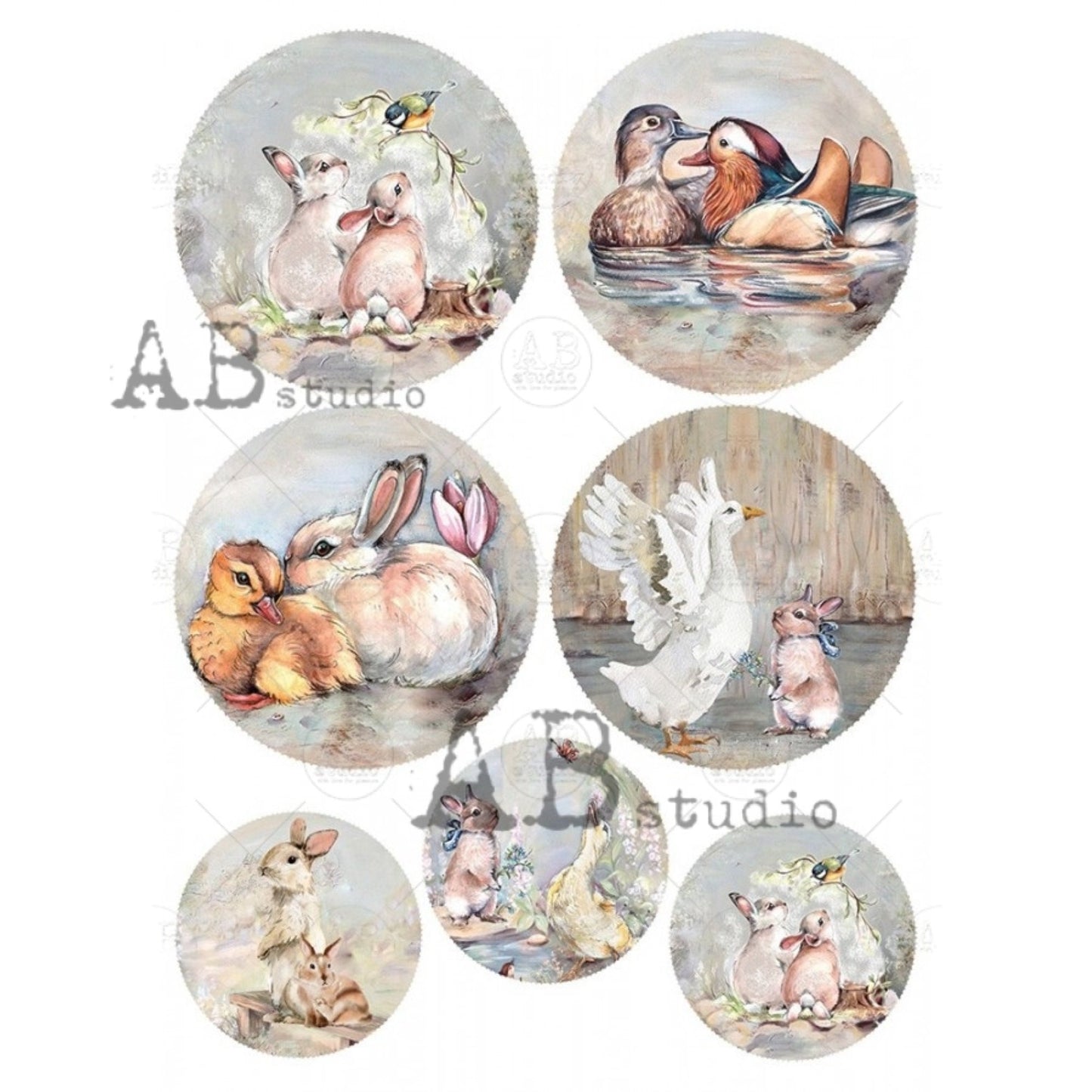 AB Studio Spring Ducks, Bunnies, Chics, Rounds, 1349, Size: A4 - 8.27 X 11.69 inches Rice Paper for Decoupage Imported from Poland