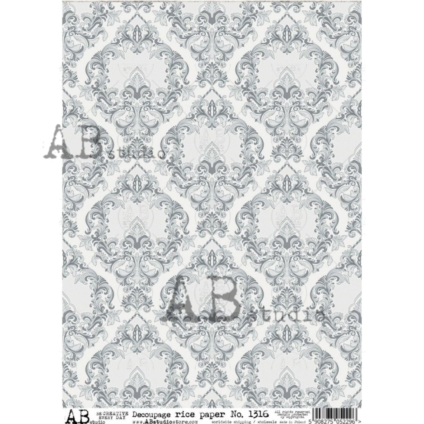 AB Studio Wallpaper Damask, Gray, White, Background, 1316, Size: A4 - 8.27 X 11.69 inches Rice Paper for Decoupage Imported from Poland
