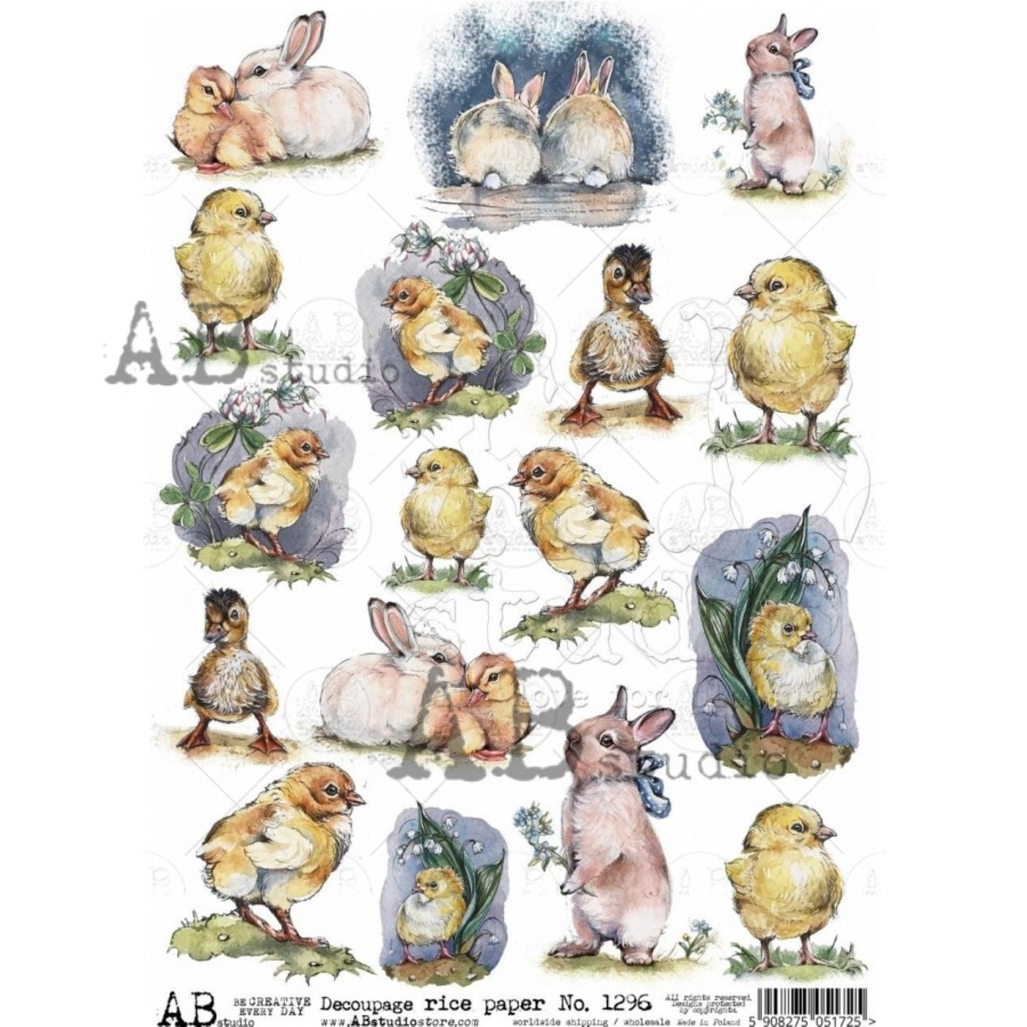 AB Studio Spring, Easter, Bunnies, Chics, Rounds, 1296, Size: A4 - 8.27 X 11.69 inches Rice Paper for Decoupage Imported from Poland