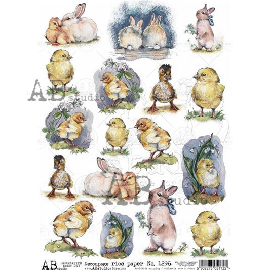 AB Studio  Spring, Easter, Bunnies, Chics, Rounds, 1296, Size: A4 - 8.27 X 11.69 inches Rice Paper for Decoupage Imported from Poland