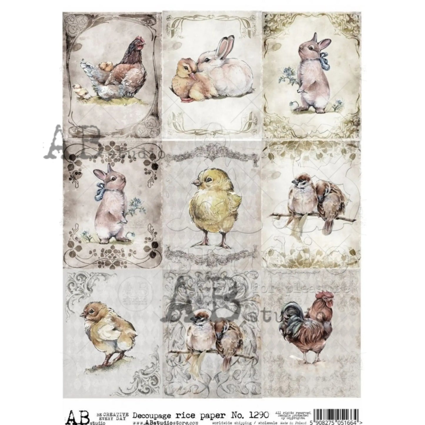 AB Studio Shabby Chic, Easter, Spring, Bunnies, Chics, Squares, 1290, Size: A4 - 8.27 X 11.69 inches Rice Paper Decoupage Imported Poland AB Studio