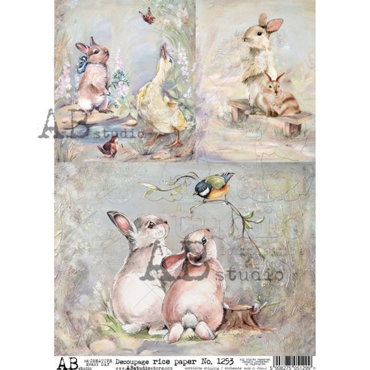 AB Studio Shabby Chic, Easter, Spring, Bunnies, Duck, Squares, 1253, Size: A4 - 8.27 X 11.69 inches Rice Paper Decoupage Imported Poland