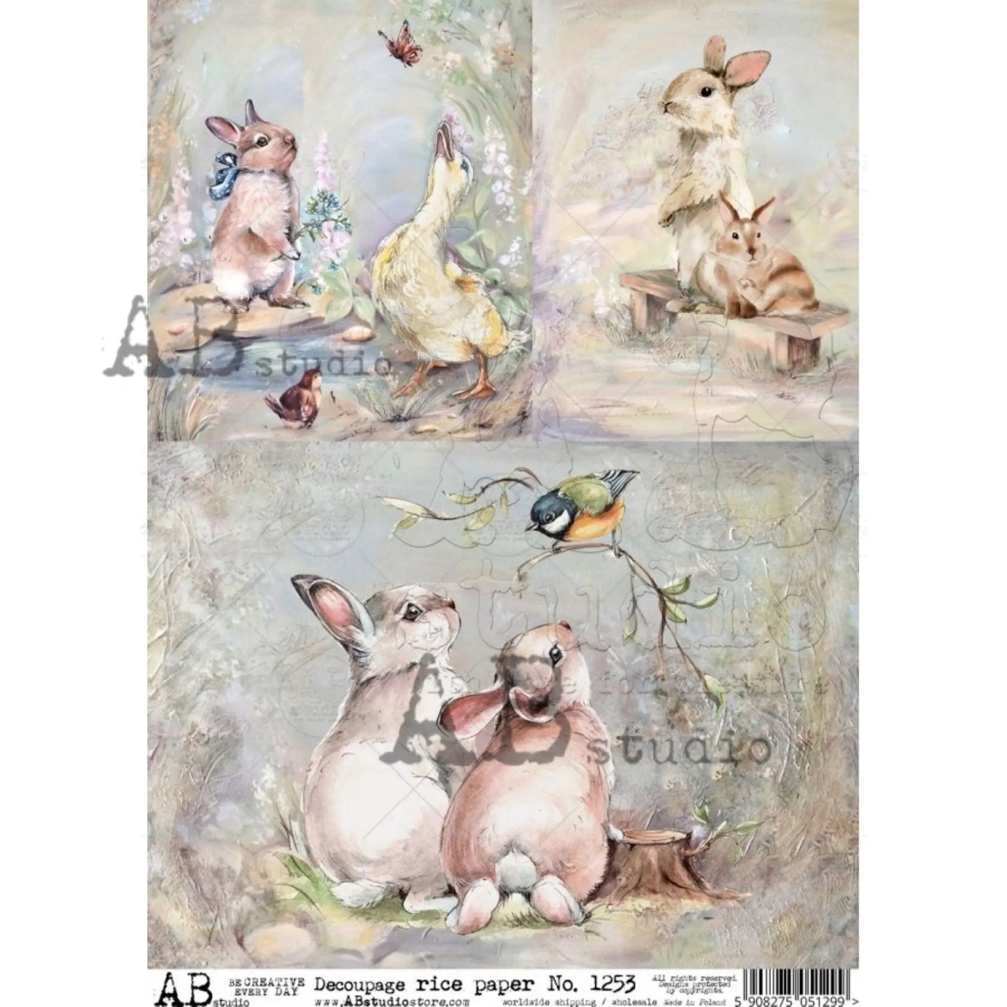 AB Studio Shabby Chic, Easter, Spring, Bunnies, Duck, Squares, 1253, Size: A4 - 8.27 X 11.69 inches Rice Paper Decoupage Imported Poland AB Studio