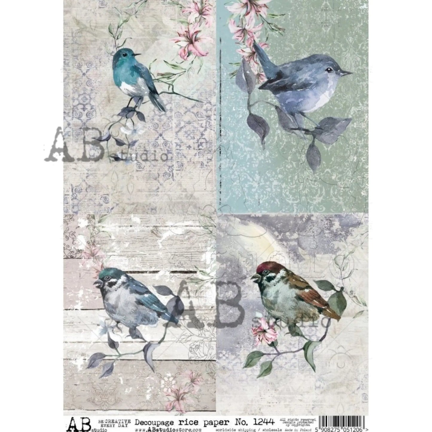 AB Studio Shabby Chic, Spring Blue Birds, Squares, 1244, Size: A4 - 8.27 X 11.69 inches Rice Paper Decoupage Imported Poland AB Studio