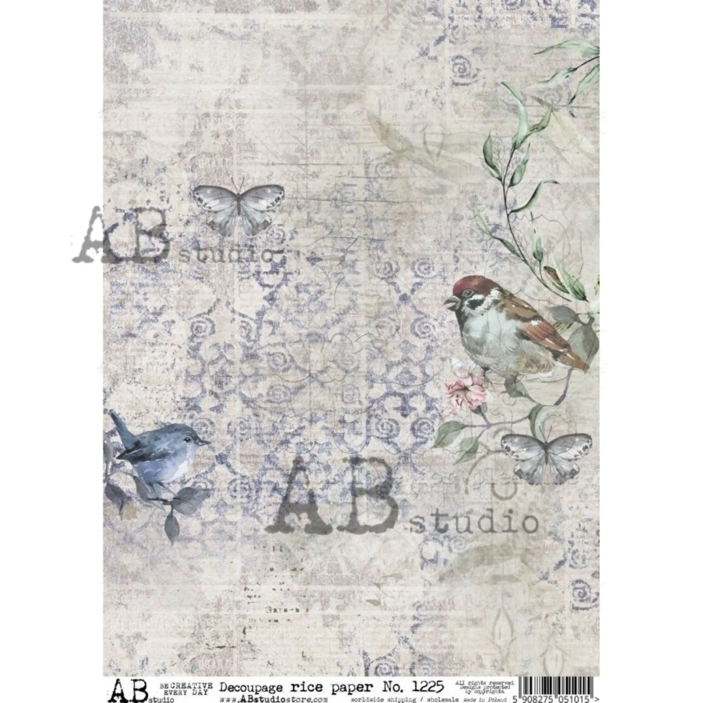 AB Studio Shabby Chic, Background, Birds, Wallpaper, Butterfly, 1225, Size: A4 - 8.27 X 11.69 in Rice Paper Decoupage Imported Poland AB Studio