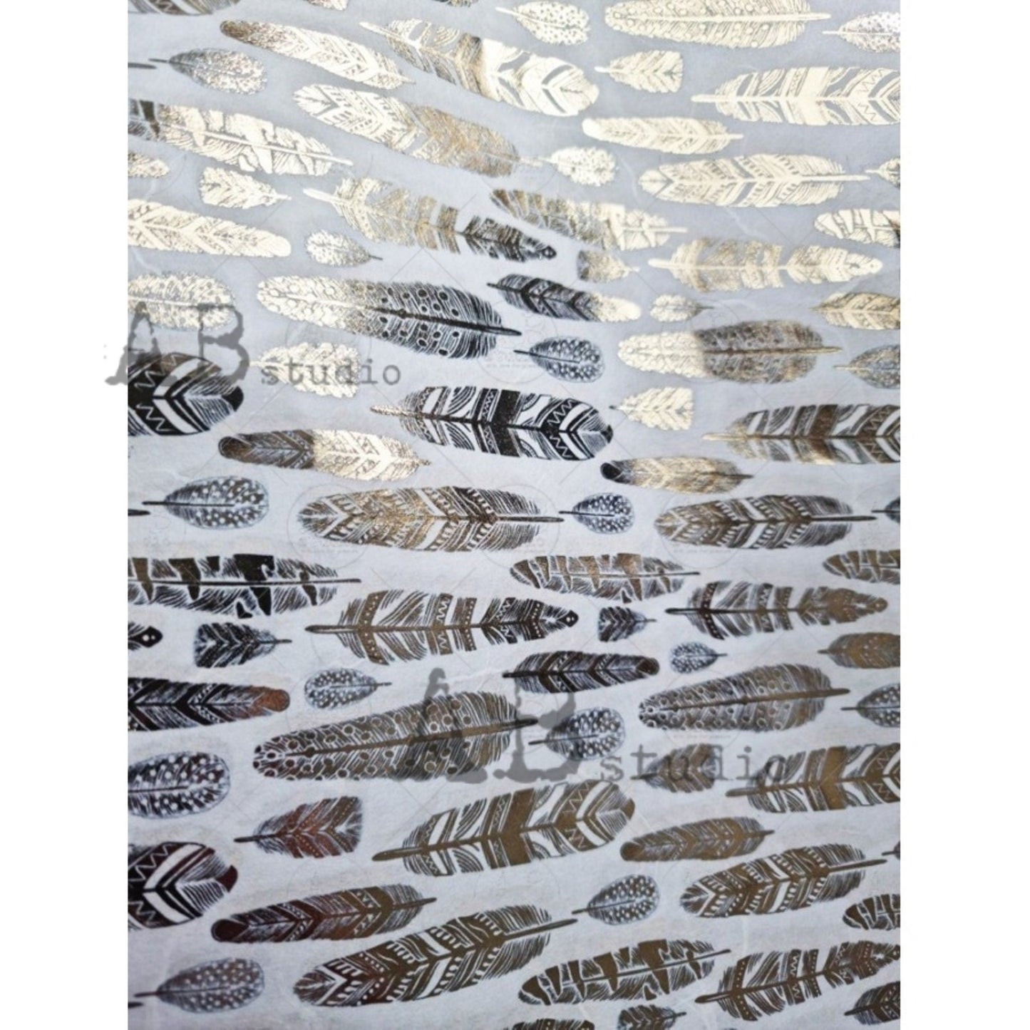 AB Studio,  Gold gilded, Feathers Design, background, No. 1425 Size: A4 - 8.27 X 11.69 in Rice Paper for Decoupage Imported from Poland