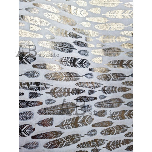 AB Studio,  Gold gilded, Feathers Design, background, No. 1425 Size: A4 - 8.27 X 11.69 in Rice Paper for Decoupage Imported from Poland