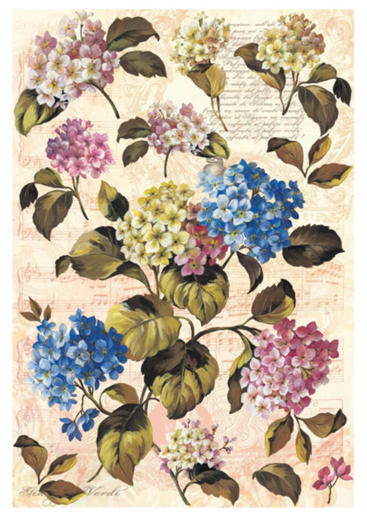 Calambour Italian Design, DG Collection, Purple, Pink, Hydrangea, Flowers, Stems, DGR 187, Rice Paper Decoupage 32 x 45 cm 12.5 x 17 in