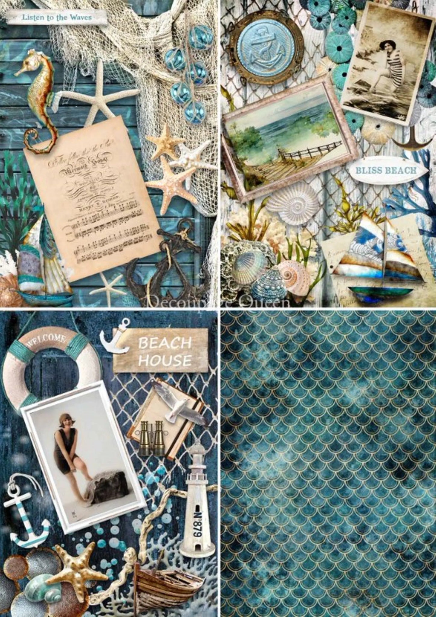 Decoupage Queen Coastal 4 pack, DQRP 0403, A4 Size: A4 - 8.3" X 11.7" Rice Paper, Background, Wallpaper Decoupage Queen