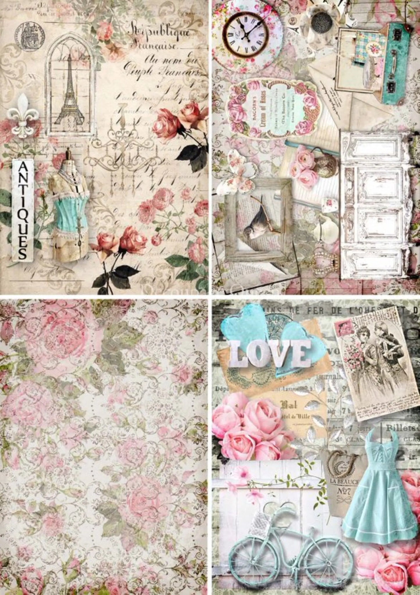 Decoupage Queen Shabby 4 pack, Roses, Vintage Design, DQRP 0421, A4 Size: A4 - 8.3" X 11.7" Rice Paper, 2023 Spring Release Decoupage Queen