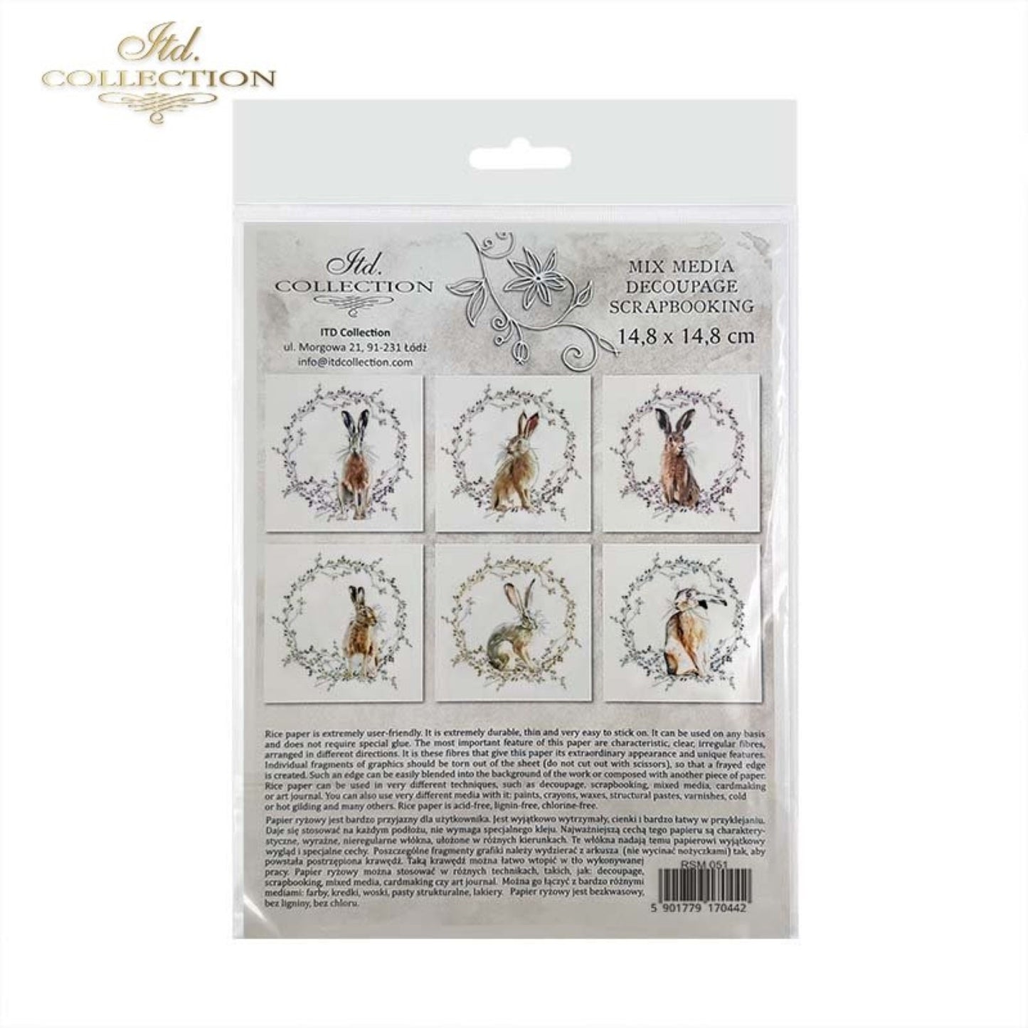 ITD Collection Rice Paper Mini Set for Decoupage RSM051, 6 sheets of rice paper 14,8x14,8 cm, bunny, chic, Easter Rounds, Wreaths