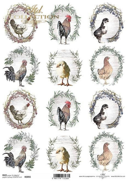 ITD Collection Rice Paper for Decoupage R2055 Size A4 - 210x297 mm, 8.27x11.7 inch, Easter, Duck, Rooster, Hen Rounds