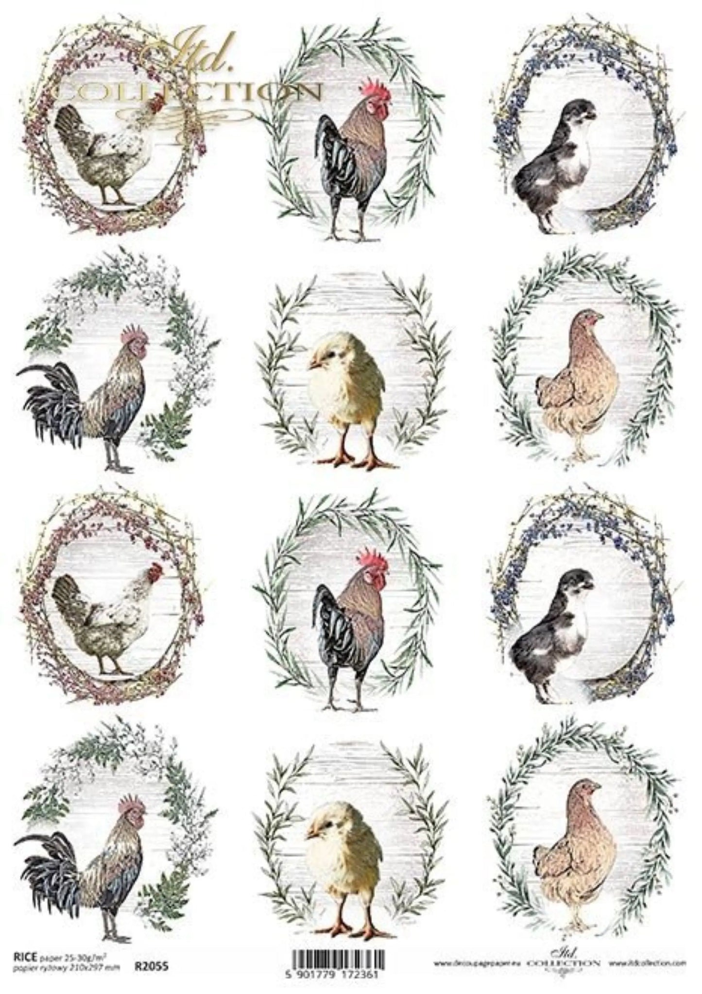 ITD Collection Rice Paper for Decoupage R2055 Size A4 - 210x297 mm, 8.27x11.7 inch, Easter, Duck, Rooster, Hen Rounds ITD Collection
