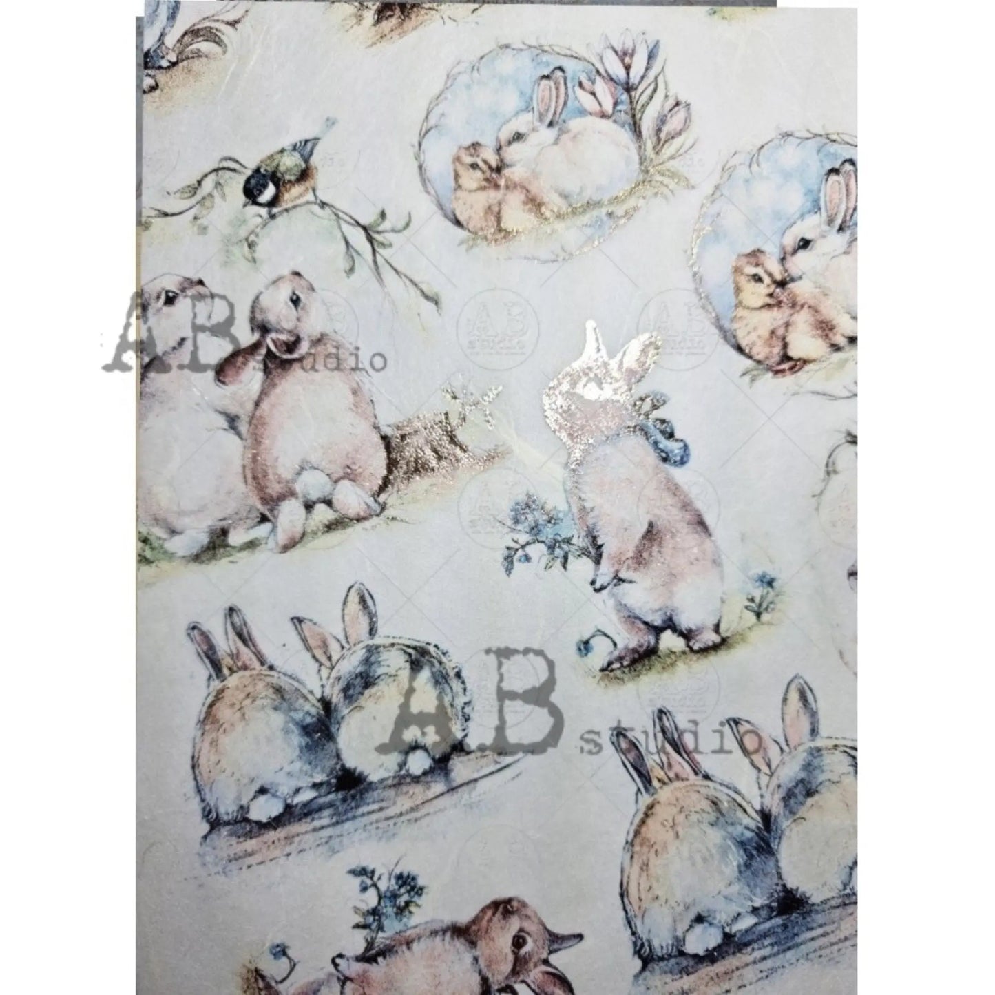 AB Studio Color Gilded Rice Paper, Easter Bunnies, Rounds, A4 1582, 8.27 X 11.69 inches Rice Paper for Decoupage Imported Poland AB Studio