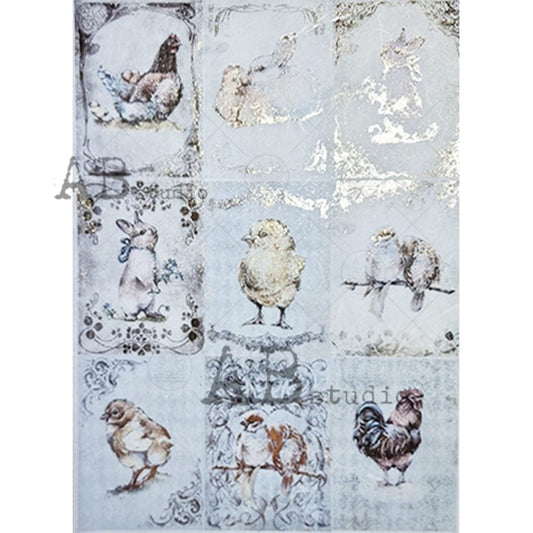 AB Studio Color Gilded Rice Paper, Easter Bunnies, Chics, Rooster, Squares, A4 1580, 8.27 X 11.69" Rice Paper Decoupage Imported Poland