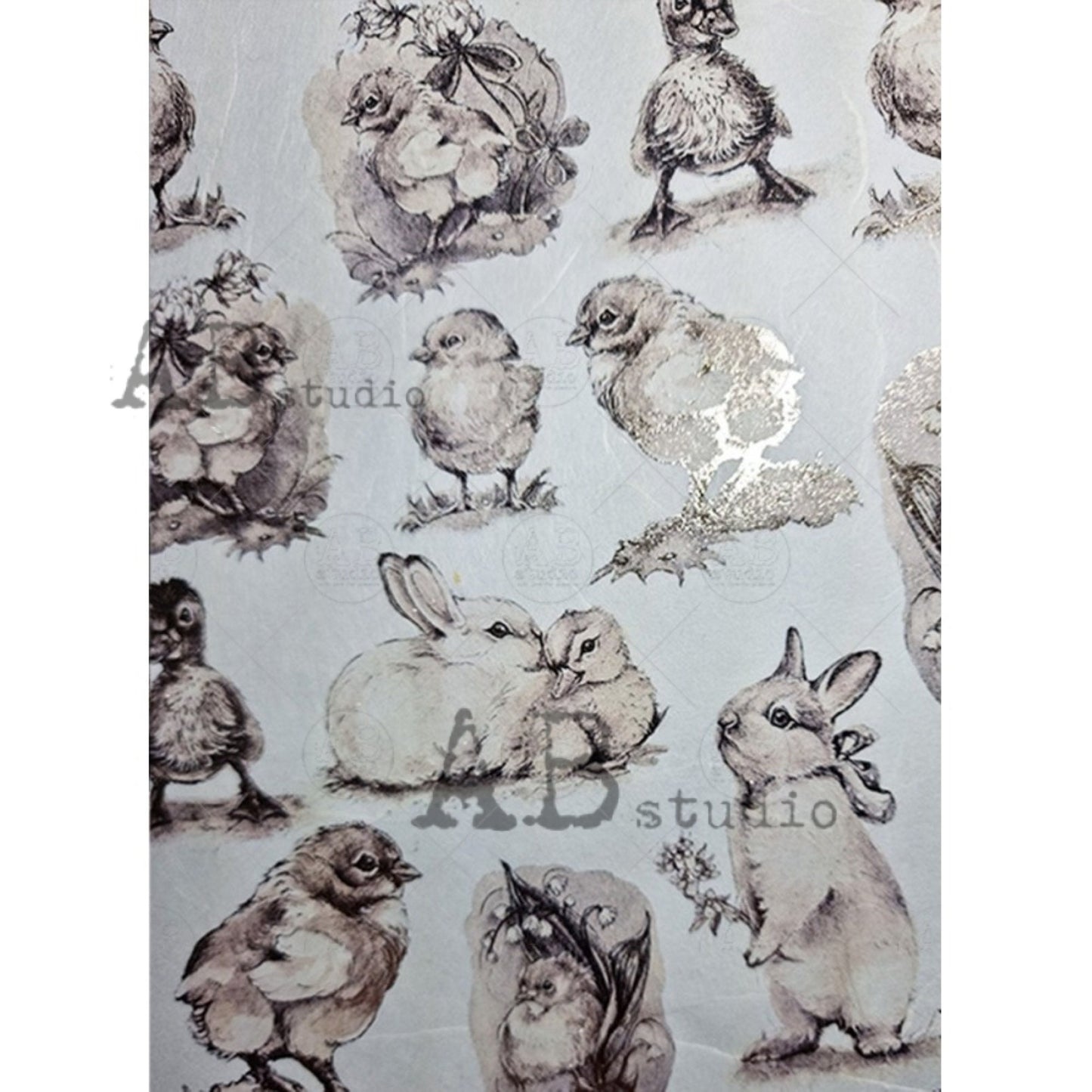 AB Studio Gold Color Gilded Rice Paper for Decoupage, Easter Bunnies, Chics, Ducks, Rounds, A4 1581, 8.27 X 11.69" Imported Poland