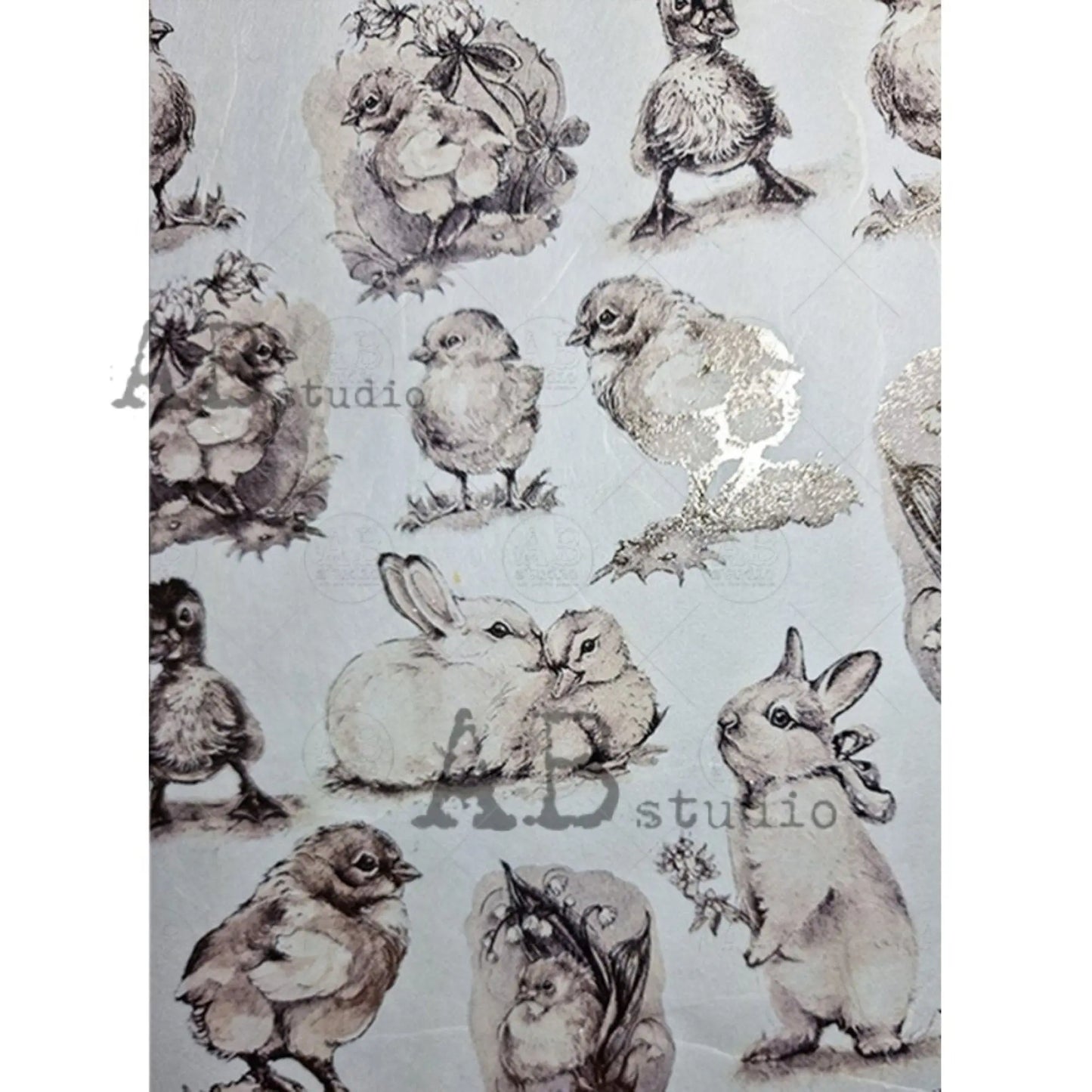 AB Studio Gold Color Gilded Rice Paper for Decoupage, Easter Bunnies, Chics, Ducks, Rounds, A4 1581, 8.27 X 11.69" Imported Poland AB Studio