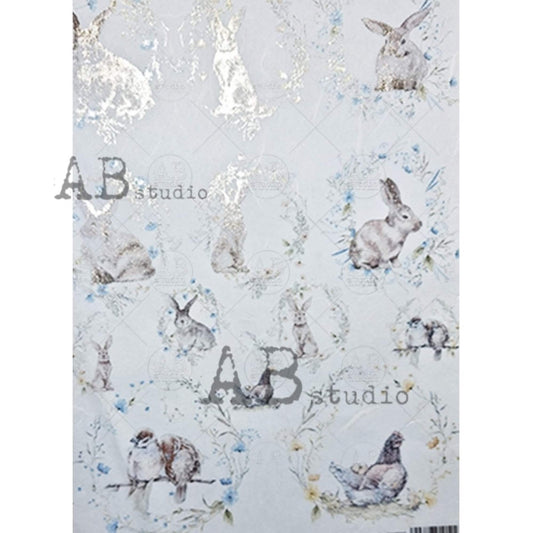 AB Studio Gold Color Gilded Rice Paper for Decoupage, Easter Bunnies, Birds, Wreaths, Rounds, A4 1577, 8.27 X 11.69" Imported Poland