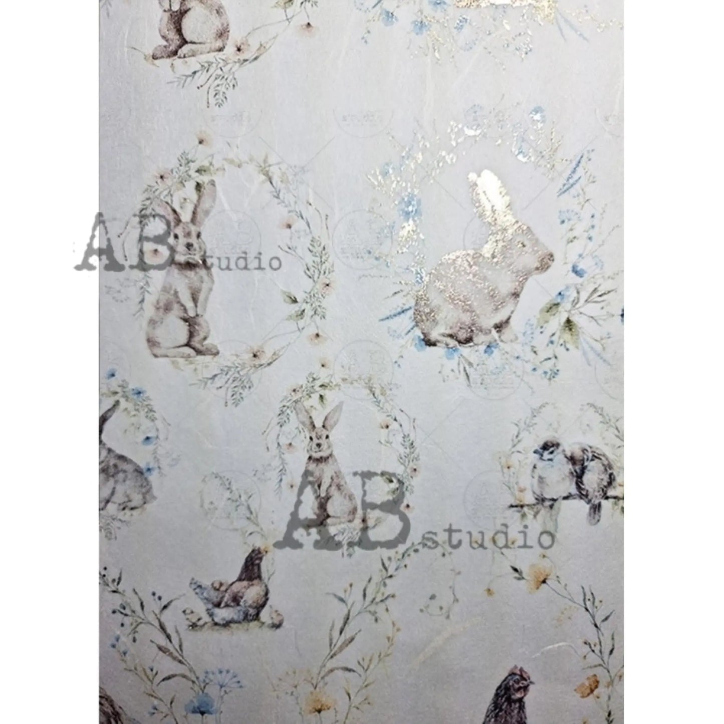 AB Studio Gold Color Gilded Rice Paper for Decoupage, Easter Bunnies, Birds, Wreaths, Rounds, A4 1577, 8.27 X 11.69" Imported Poland AB Studio
