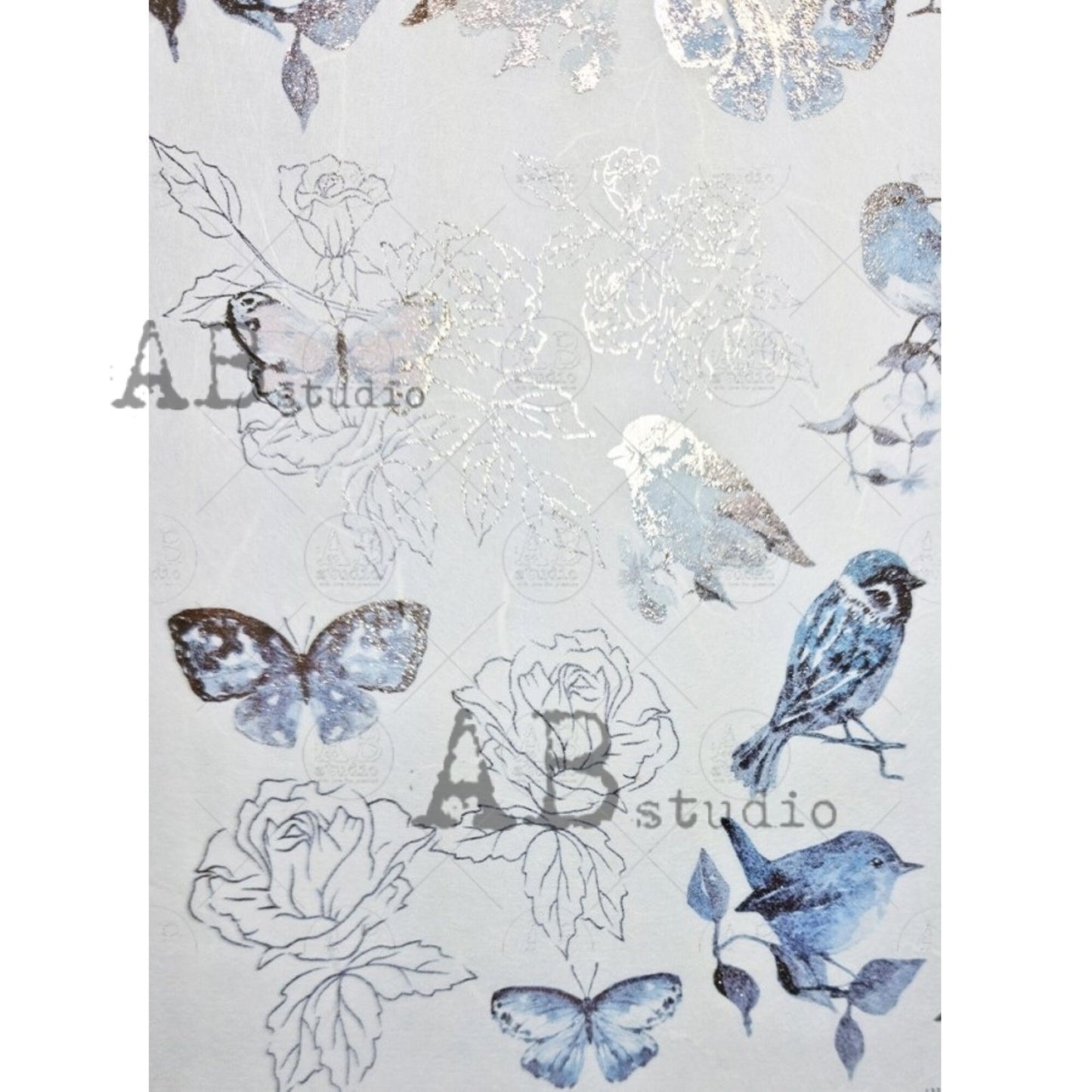 AB Studio Gold Color Gilded Rice Paper for Decoupage, Spring, Blue birds, Roses, Butterflies, A4 1570, 8.27 X 11.69" Imported Poland