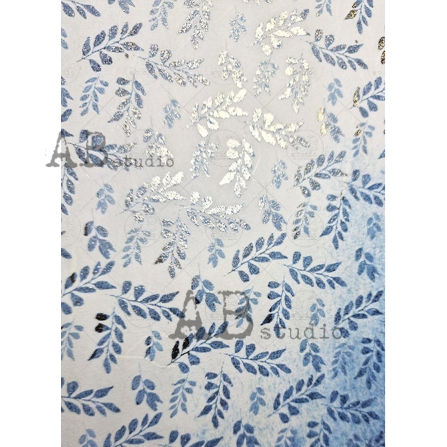 AB Studio Shabby Chic Blue Leaves, Gilded Rice Paper for Decoupage, Wallpaper, Background, 1563, A4 8.27 X 11.69 Imported Poland