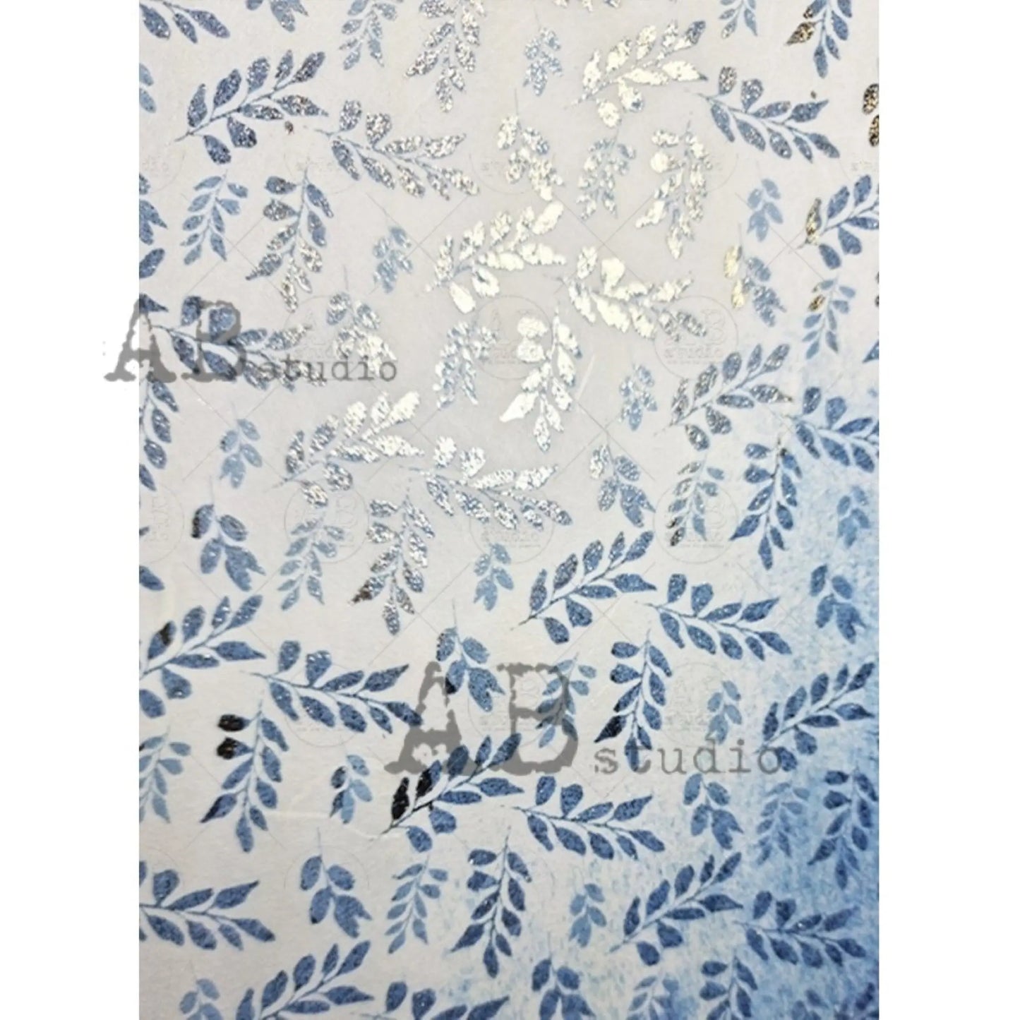 AB Studio Shabby Chic Blue Leaves, Gilded Rice Paper for Decoupage, Wallpaper, Background, 1563, A4 8.27 X 11.69 Imported Poland AB Studio