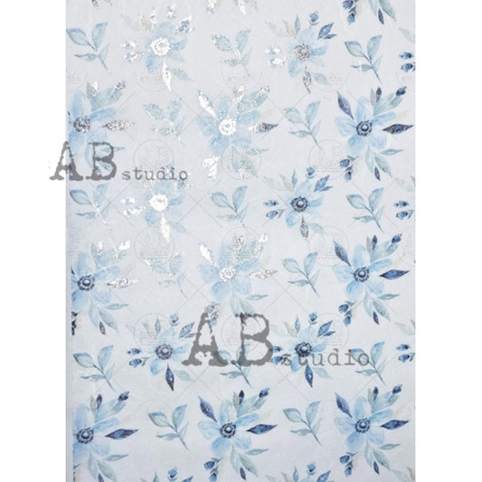 AB Studio Shabby Chic Blue Flowers, Leaves, Silver, Gilded Rice Paper for Decoupage, Background, 1558, A4  8.27 X 11.69 Imported Poland