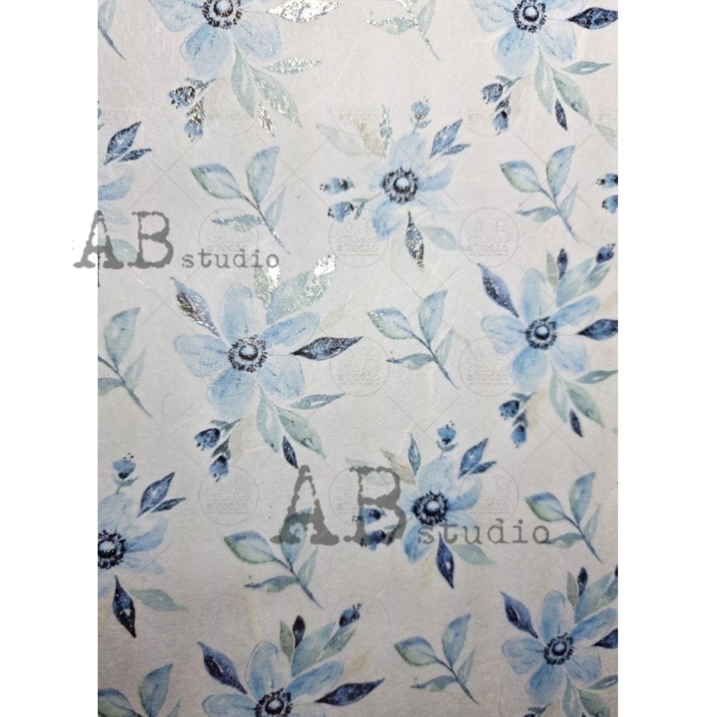 AB Studio Shabby Chic Blue Flowers, Leaves, Silver, Gilded Rice Paper for Decoupage, Background, 1558, A4 8.27 X 11.69 Imported Poland