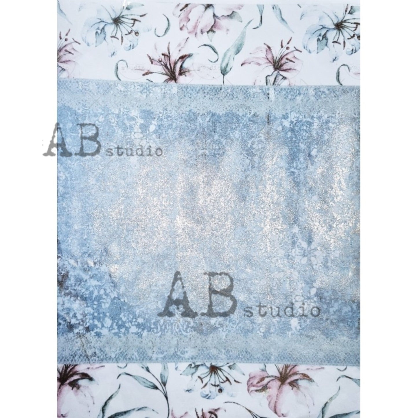AB Studio Shabby Chic Blue Flowers, Leaves, Silver Gold, Gilded Rice Paper for Decoupage, Background, 1558, A4 8.27 X 11.69 Imported Poland