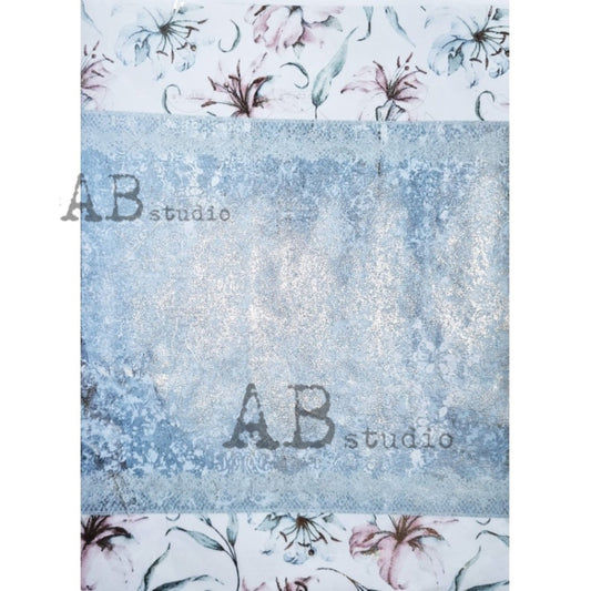 AB Studio Shabby Chic Blue Flowers, Leaves, Silver Gold, Gilded Rice Paper for Decoupage, Background, 1558, A4  8.27 X 11.69 Imported Poland