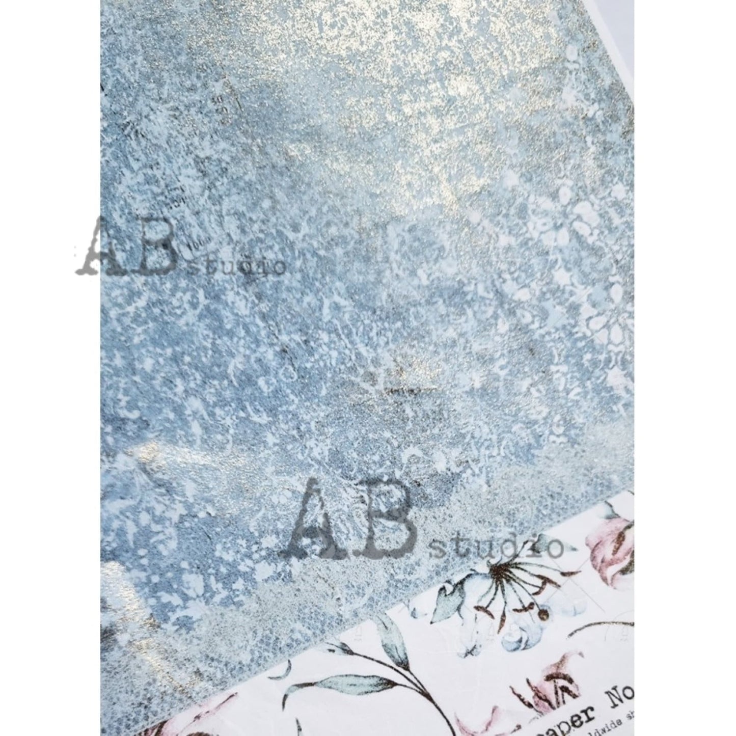 AB Studio Shabby Chic Blue Flowers, Leaves, Silver Gold, Gilded Rice Paper for Decoupage, Background, 1558, A4 8.27 X 11.69 Imported Poland