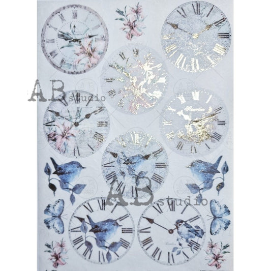 AB Studio Gold Color Gilded Rice Paper for Decoupage, Clocks, Blue Birds, Butterflies, A4 1570, 8.27 X 11.69" Imported Poland