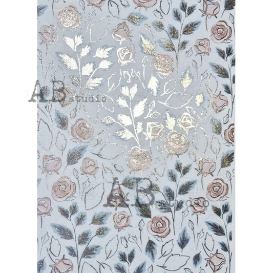 AB Studio Shabby Chic Pink Roses, Leaves, Gold, Gilded Rice Paper for Decoupage, Background, 1547, A4  8.27 X 11.69 Imported Poland