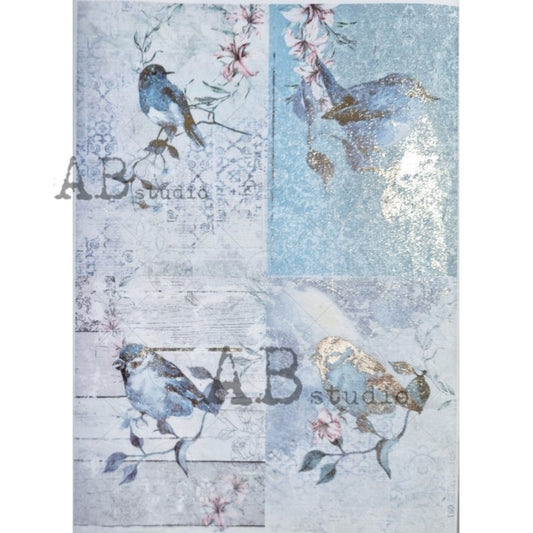 AB Studio Gold Color Gilded Rice Paper for Decoupage, Blue Birds, Squares, A4 1542, 8.27 X 11.69" Imported Poland