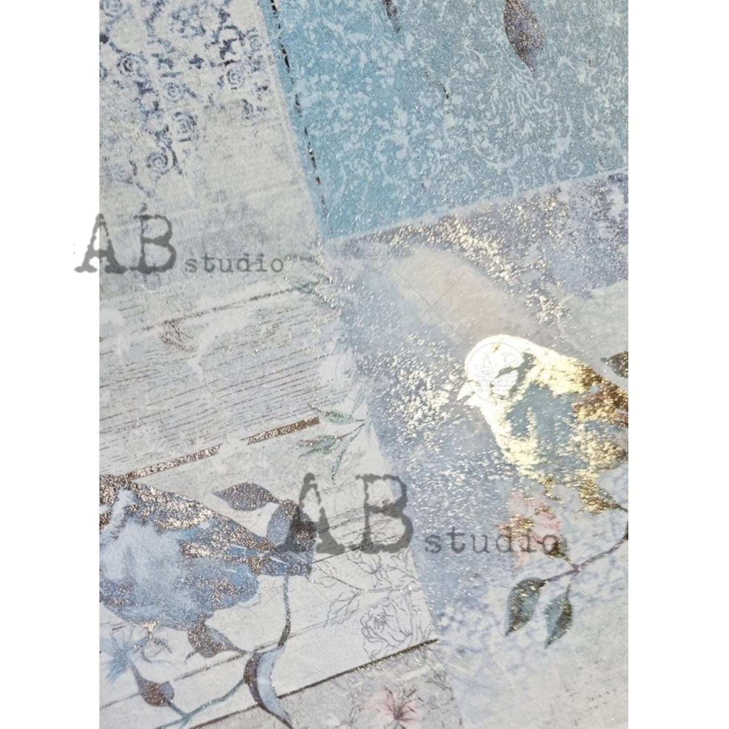 AB Studio Gold Color Gilded Rice Paper for Decoupage, Blue Birds, Squares, A4 1542, 8.27 X 11.69" Imported Poland