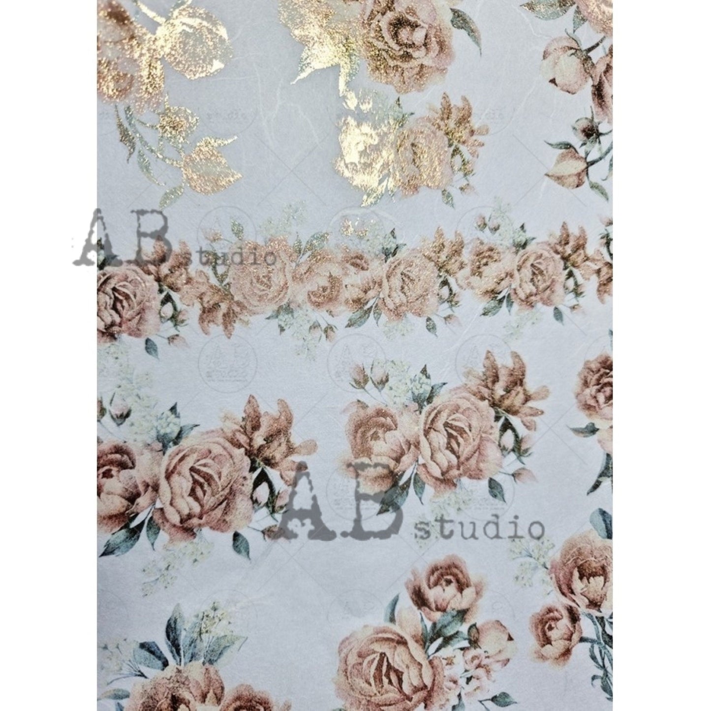 AB Studio Shabby Chic Pink Roses, Garland, Bouquets, Gold Gilded Rice Paper for Decoupage, 1520, A4 8.27 X 11.69 Imported Poland