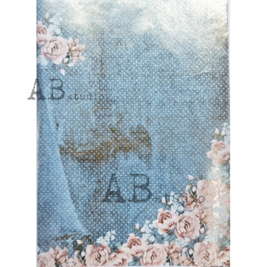 AB Studio Shabby Chic Pink Roses, Blue Bakground, Gold, Gilded Rice Paper for Decoupage, Background, 1514, A4  8.27 X 11.69 Imported Poland