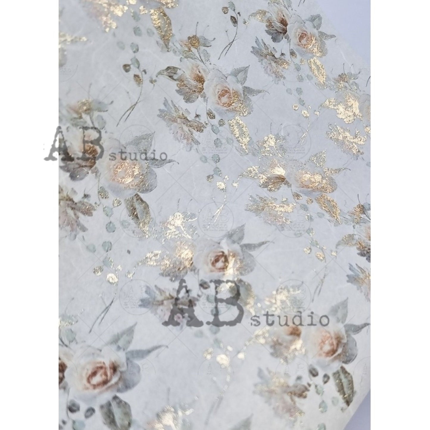 AB Studio Shabby Chic Pink Roses, Gold Gilded Rice Paper for Decoupage, Background, Wallpaper, 1510, A4 8.27 X 11.69 Imported Poland