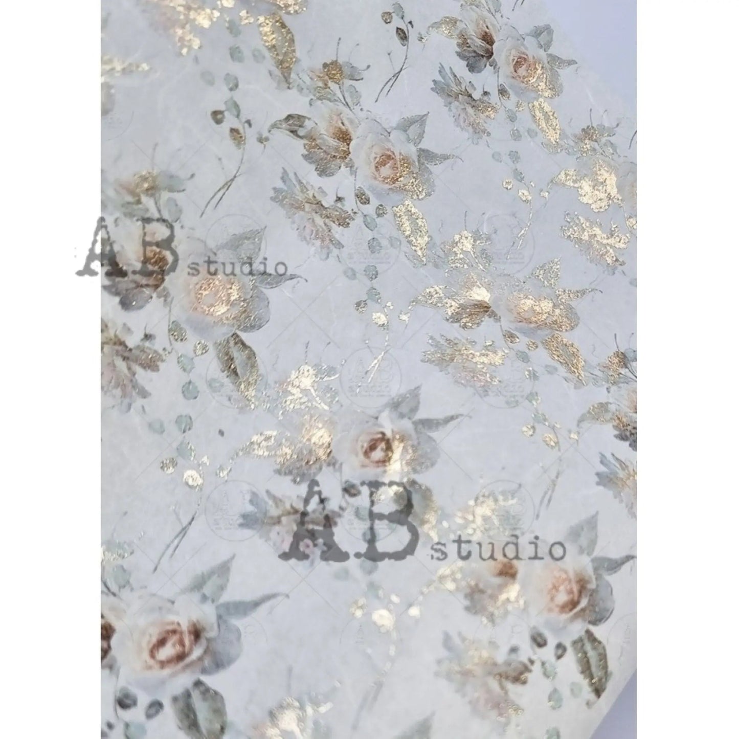 AB Studio Shabby Chic Pink Roses, Gold Gilded Rice Paper for Decoupage, Background, Wallpaper, 1510, A4 8.27 X 11.69 Imported Poland AB Studio