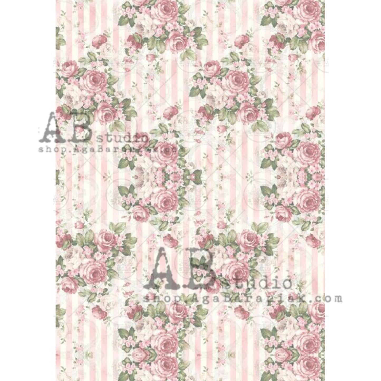 AB Studio Shabby Chic Vintage Rose Bouquets, Pink Stripes, 0342 Size: A4 - 8.27 X 11.69 inches Rice Paper for Decoupage Imported from Poland